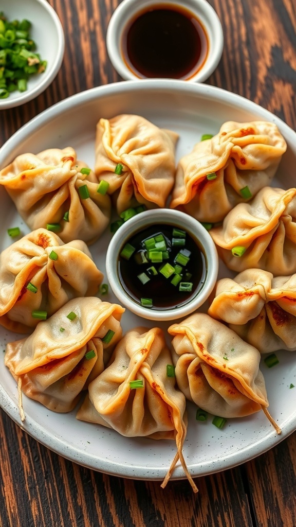 Juicy Pork Dumplings Recipe A plate of juicy pork dumplings with green onions and soy sauce on a wooden table.